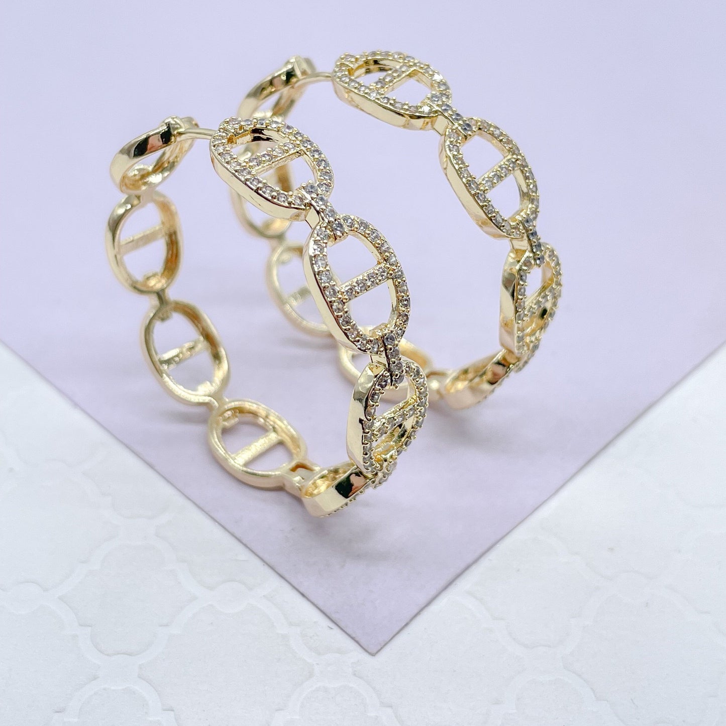 18k Gold Filled Open Link Mariner Link Earring With Pave Stones