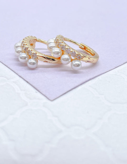 18k Gold Filled Dual Rowed Pearl And CZ Pave Hoop Earring