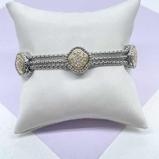 Silver Filled with Rhodium Bracelet With Gold Pave Charms & Magnetic Closure