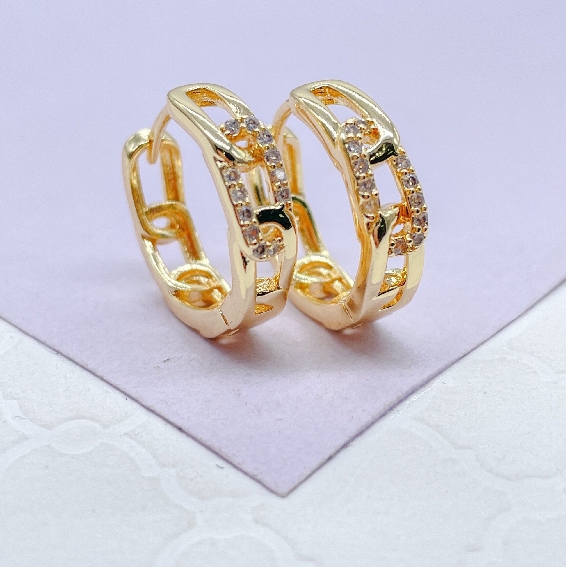 18k Gold Filled Slim Link Hoops Patterned With CZ Stones