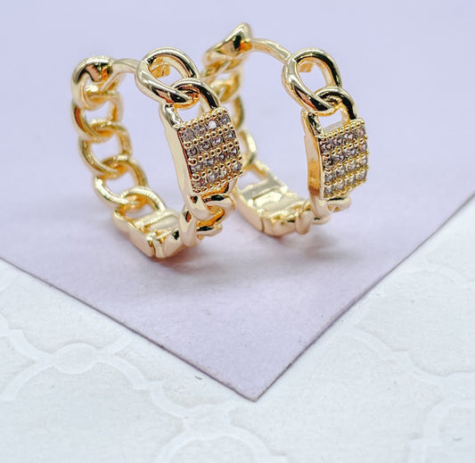 18k Gold Filled Plain Curb Link Hoop With Patterned CZ Pave Cube