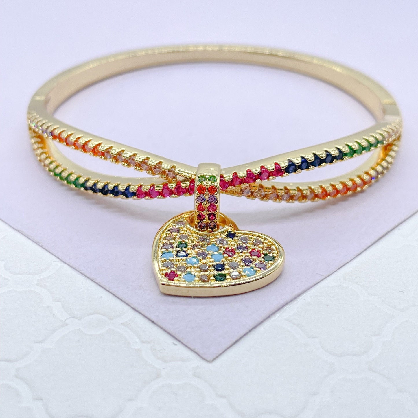 18k Gold Filled Colorful CZ Cuff Bracelet with Multi Color Dangling Heart