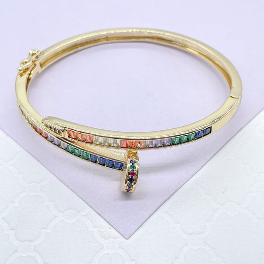 18k GoldFilled Nail Structure Cuff Bracelet with Colorful Baguette Stones