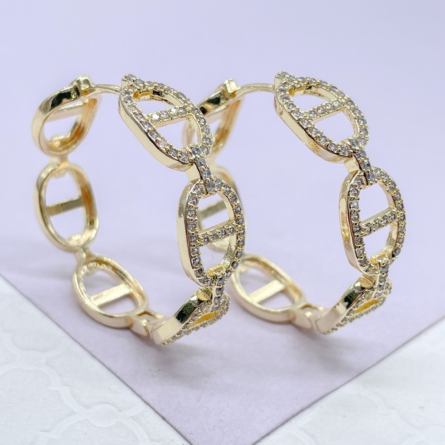 18k Gold Filled Open Link Mariner Link Earring With Pave Stones