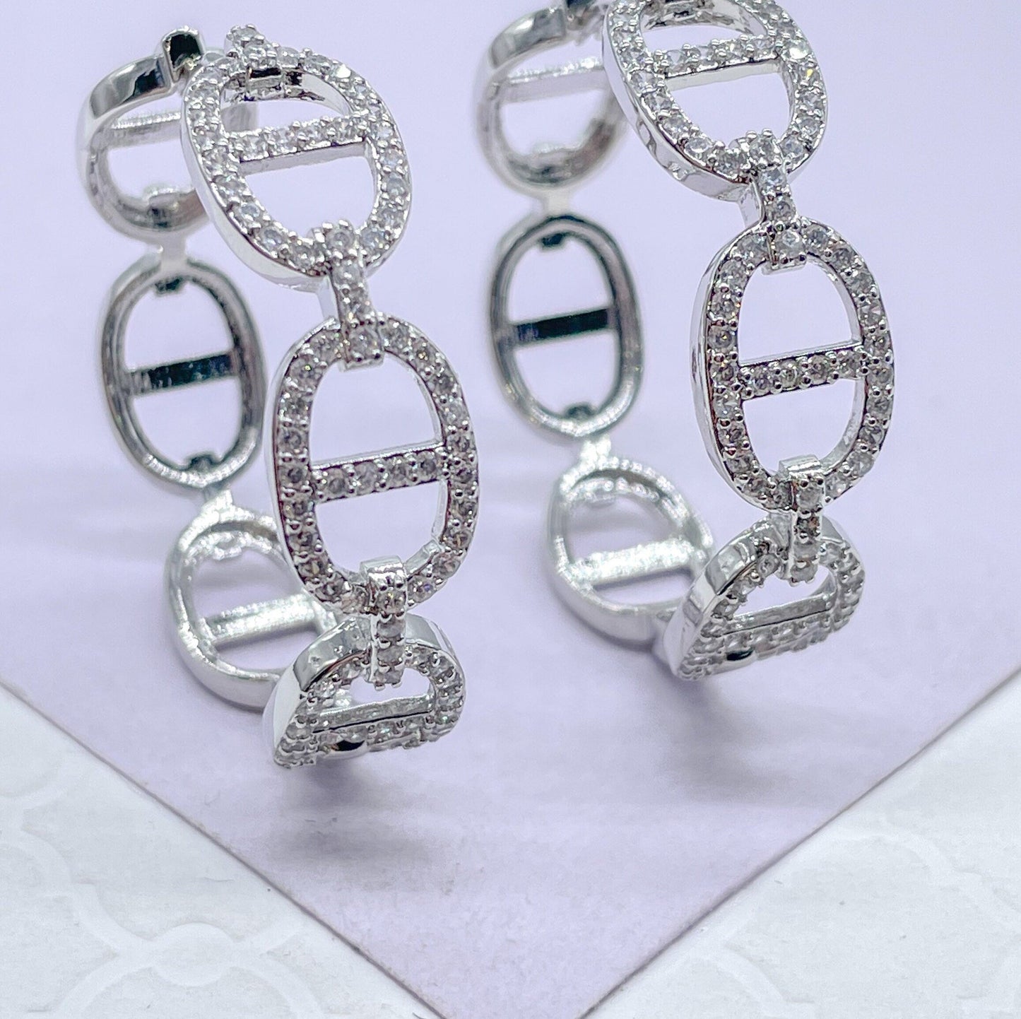 18k Gold Filled Open Link Mariner Link Earring With Pave Stones