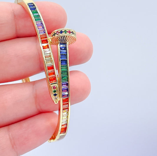 18k GoldFilled Nail Structure Cuff Bracelet with Colorful Baguette Stones