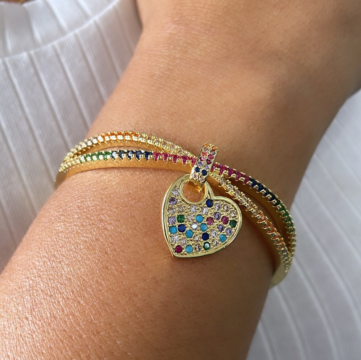 18k Gold Filled Colorful CZ Cuff Bracelet with Multi Color Dangling Heart