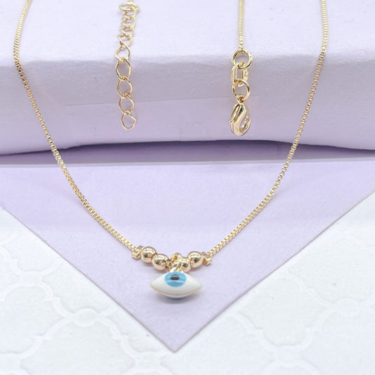 18k Gold Filled Plain Box Chain with Light Blue Evil Eye Charm With Bead Charms