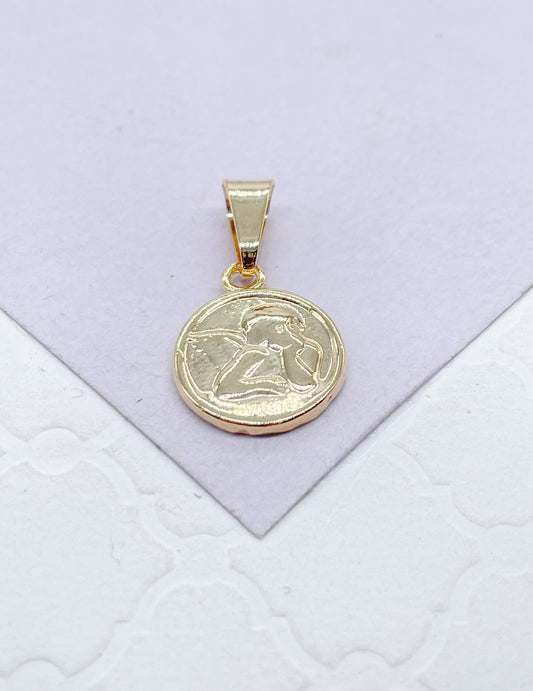 18k Gold Filled Mini Medallion Charm Pendant With engraved Angel