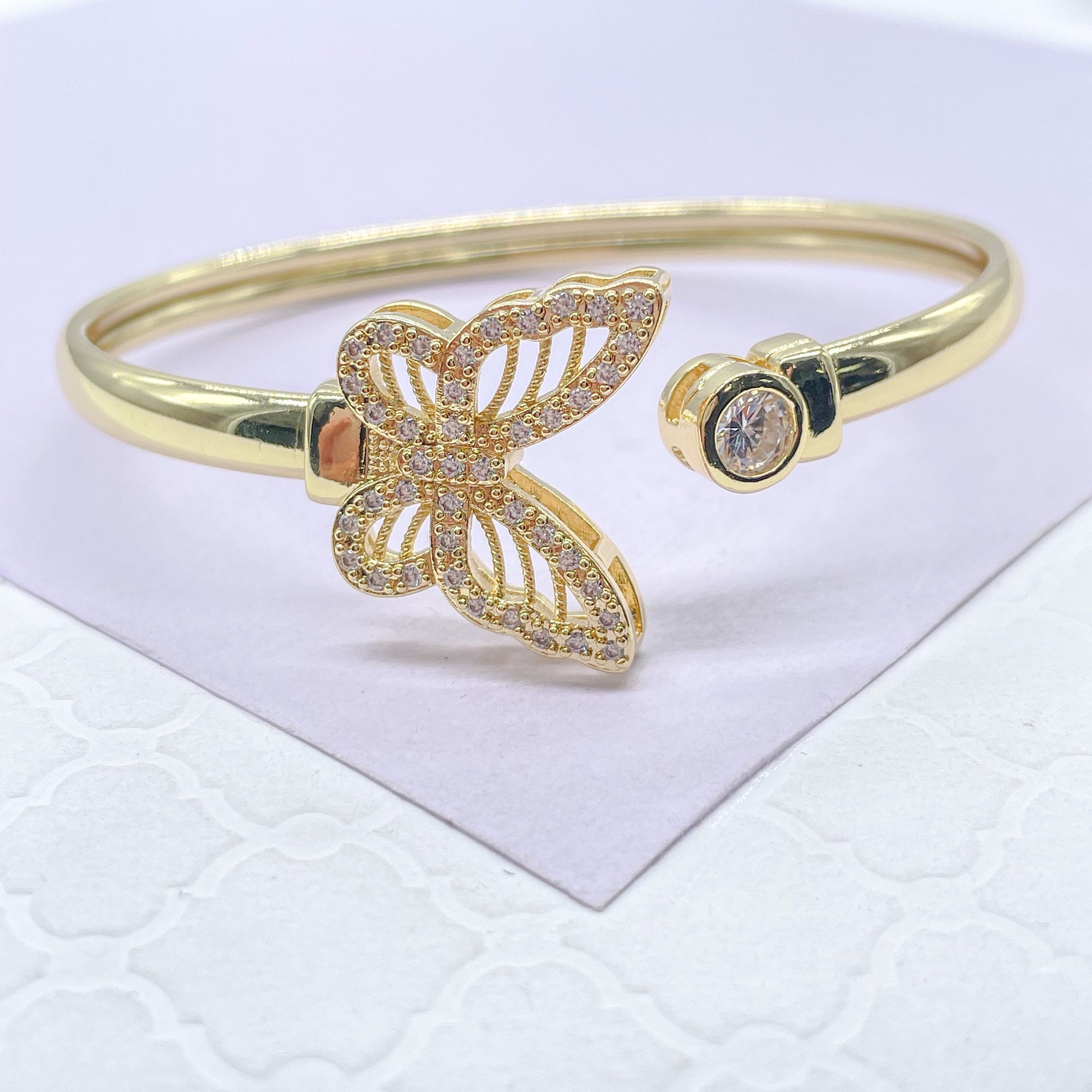 18k GoldFilled Smooth Plain Cuff Bracelet With Large CZ Butterfly & Zirconia Stone Ends