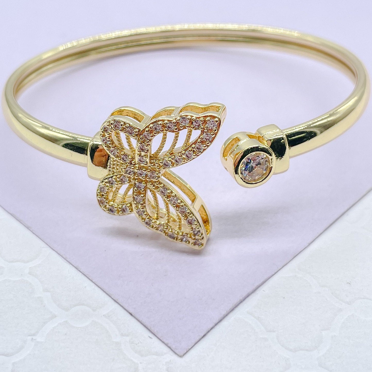 18k GoldFilled Smooth Plain Cuff Bracelet With Large CZ Butterfly & Zirconia Stone Ends