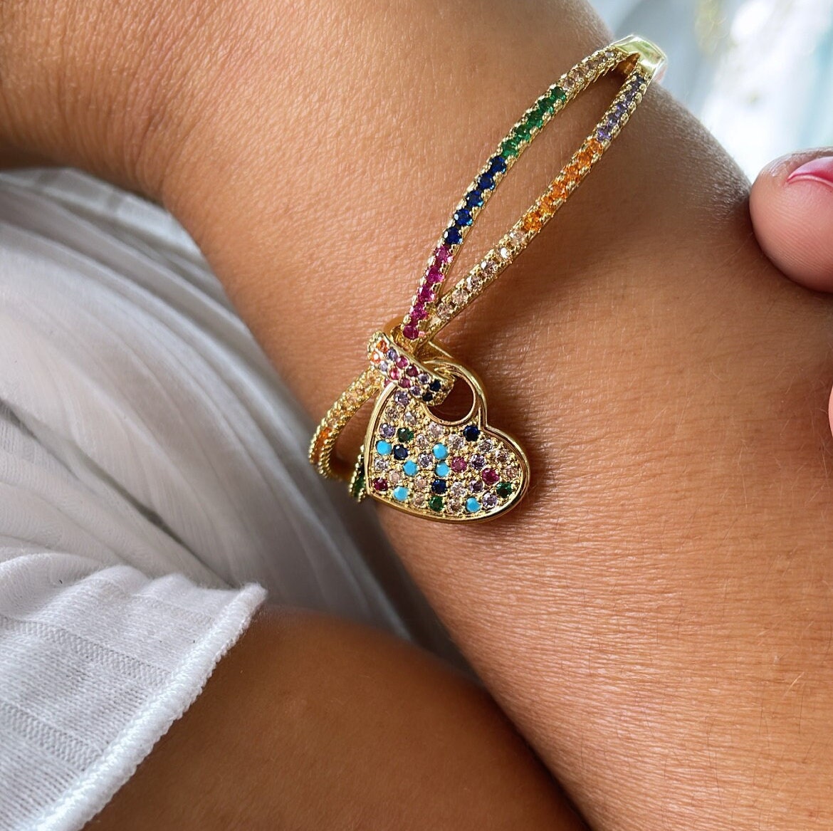 18k Gold Filled Colorful CZ Cuff Bracelet with Multi Color Dangling Heart