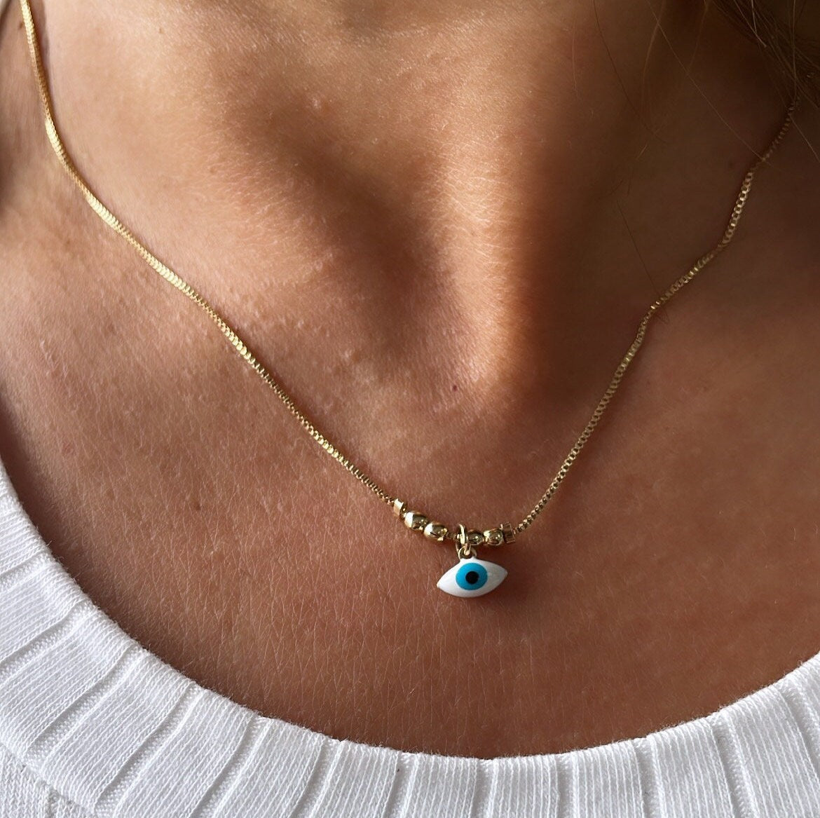 18k Gold Filled Plain Box Chain with Light Blue Evil Eye Charm With Bead Charms