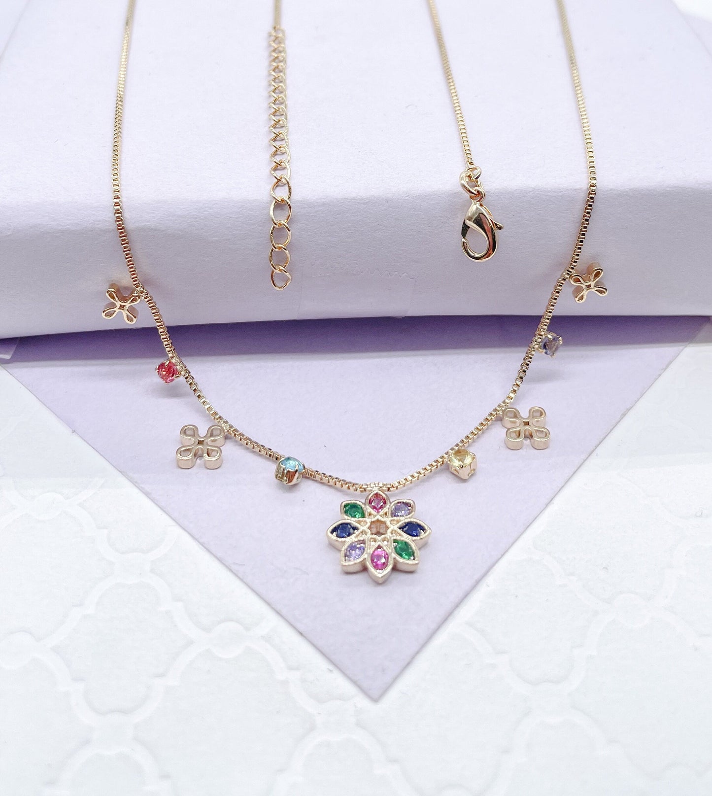 18k Gold Filled Dainty Box Chain Choker with Colorful Cz and Flower Charms w Flower Centerpiece
