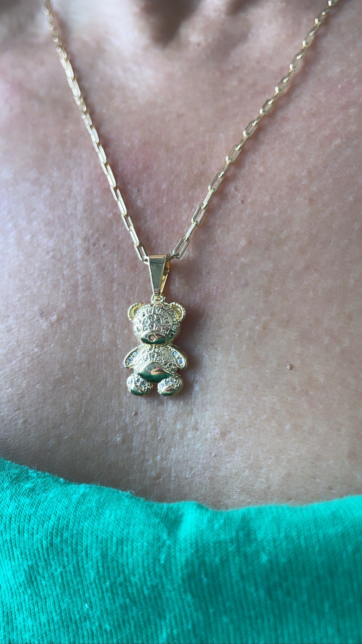 18k Gold Filled Texture Engraved With Cz Stone Bear Pendant