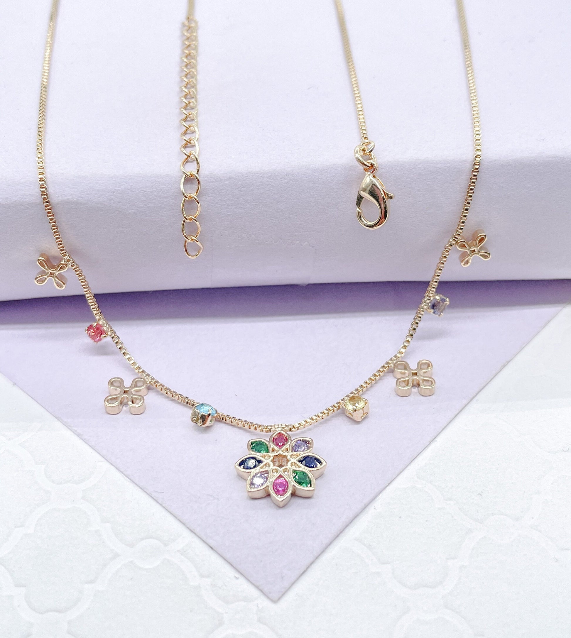 18k Gold Filled Dainty Box Chain Choker with Colorful Cz and Flower Charms w Flower Centerpiece