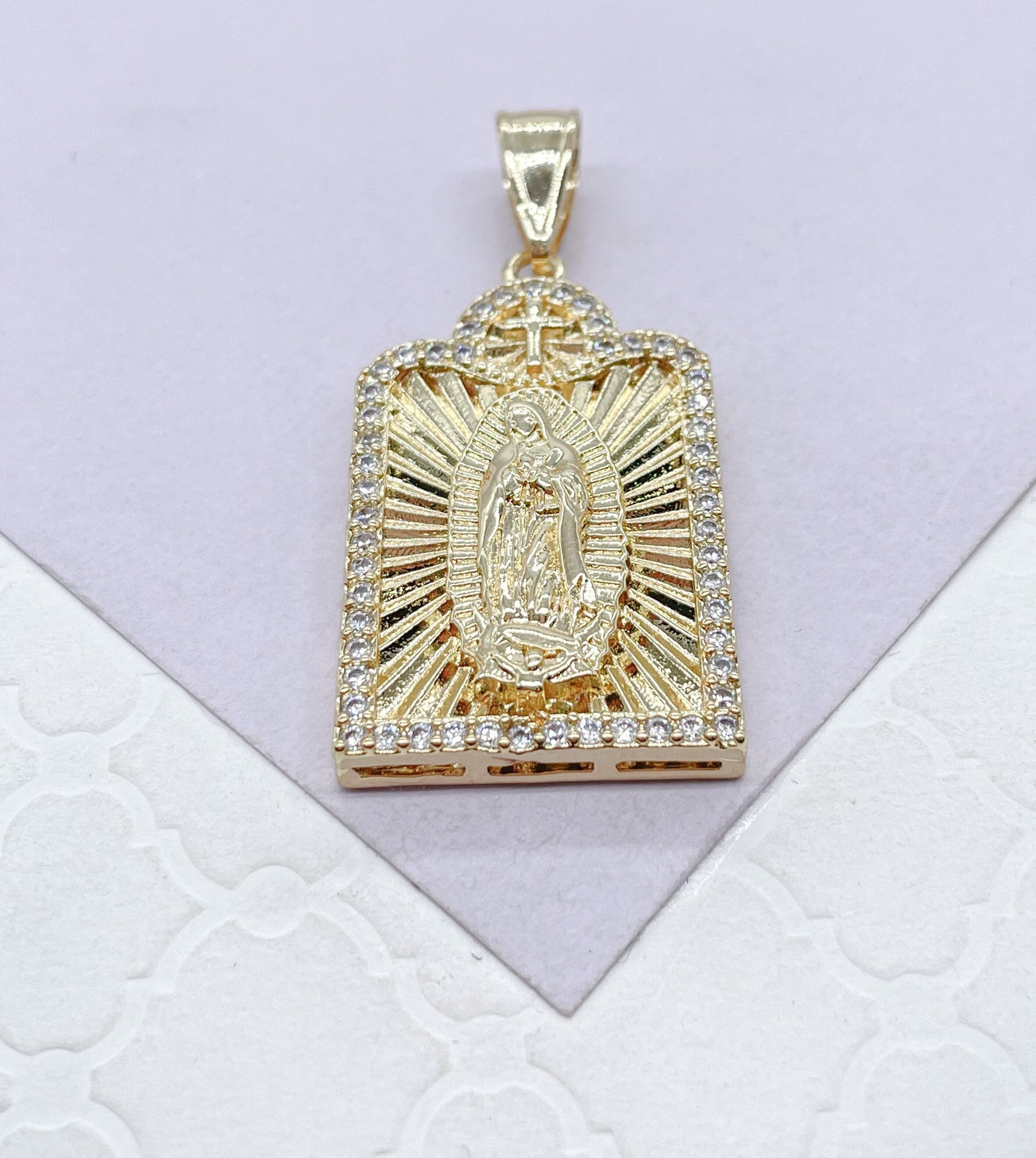 18k Gold Filled Medallion Charm with Guadalupe Center Piece with Mini Cross on Top Crowned with CZ Stones