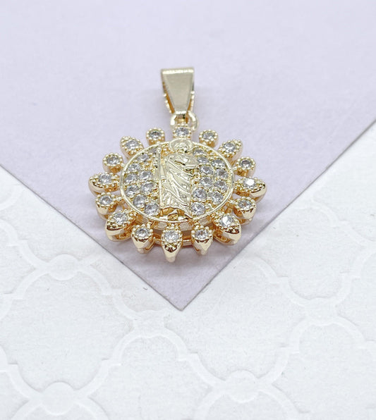 18k Gold Filled Religious Charm Crowned with CZ Stones & Saint Jude Center