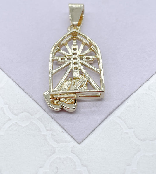 18k Gold Filled Medallion Charm With Cross and Praying Hands