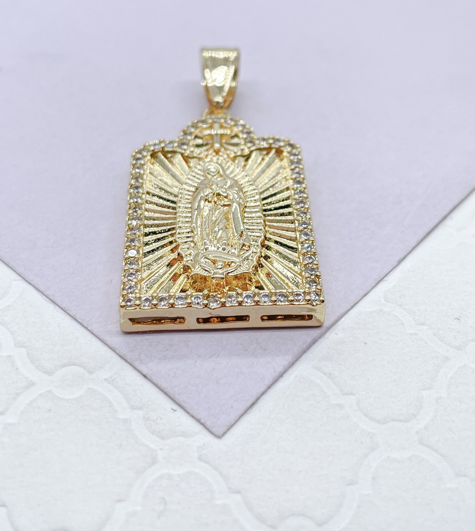 18k Gold Filled Medallion Charm with Guadalupe Center Piece with Mini Cross on Top Crowned with CZ Stones