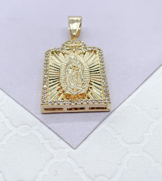 18k Gold Filled Medallion Charm with Guadalupe Center Piece with Mini Cross on Top Crowned with CZ Stones