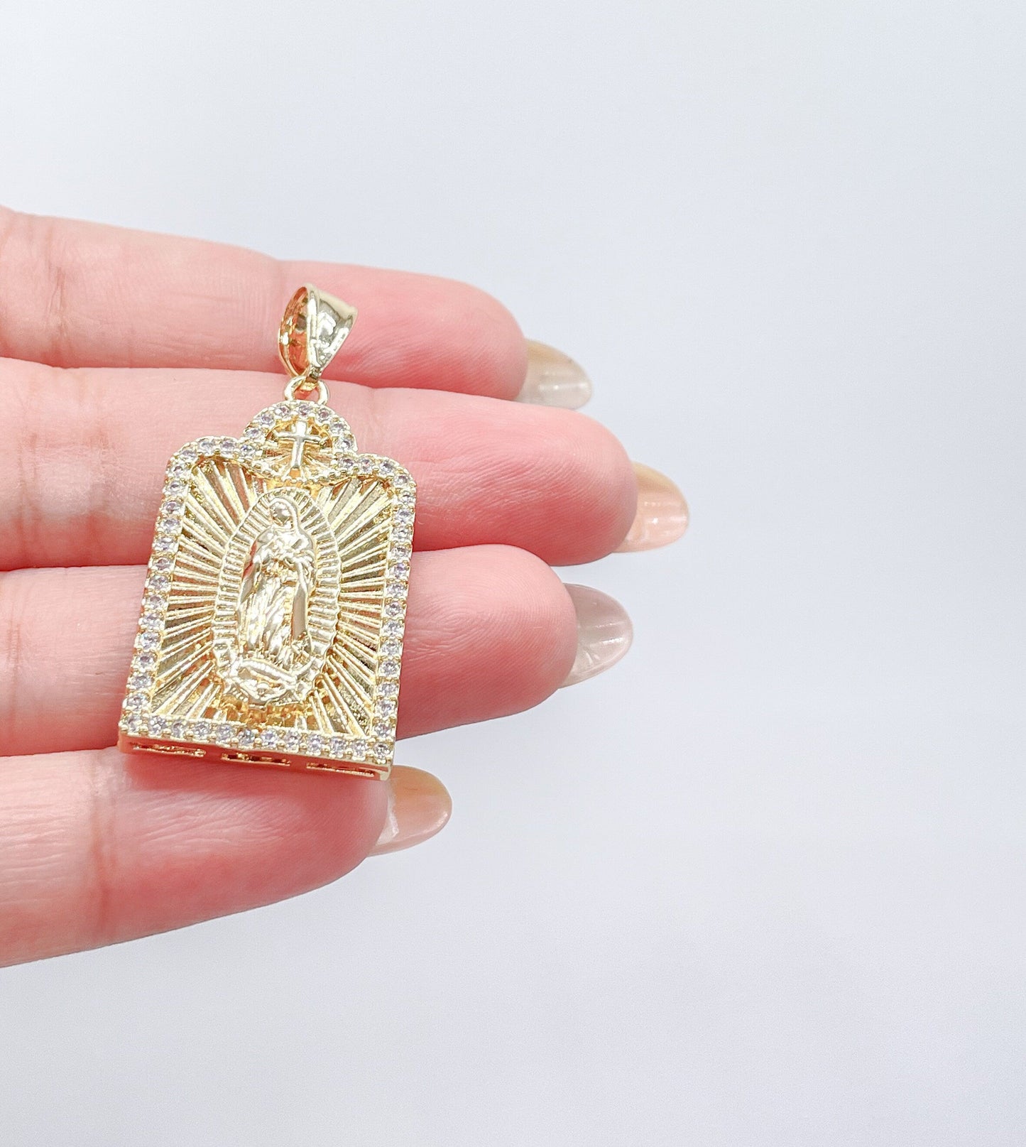 18k Gold Filled Medallion Charm with Guadalupe Center Piece with Mini Cross on Top Crowned with CZ Stones