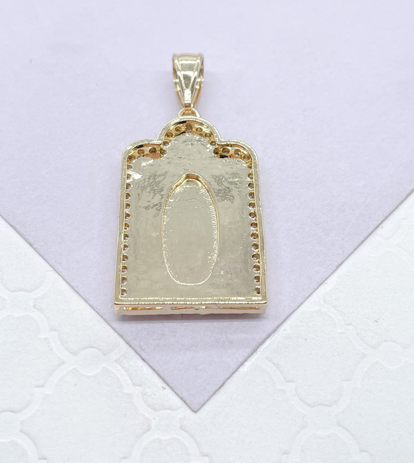 18k Gold Filled Medallion Charm with Guadalupe Center Piece with Mini Cross on Top Crowned with CZ Stones