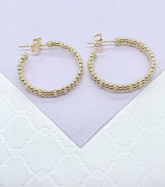 18k Gold Filled Dual Rowed Textured/Beaded Open Hoops