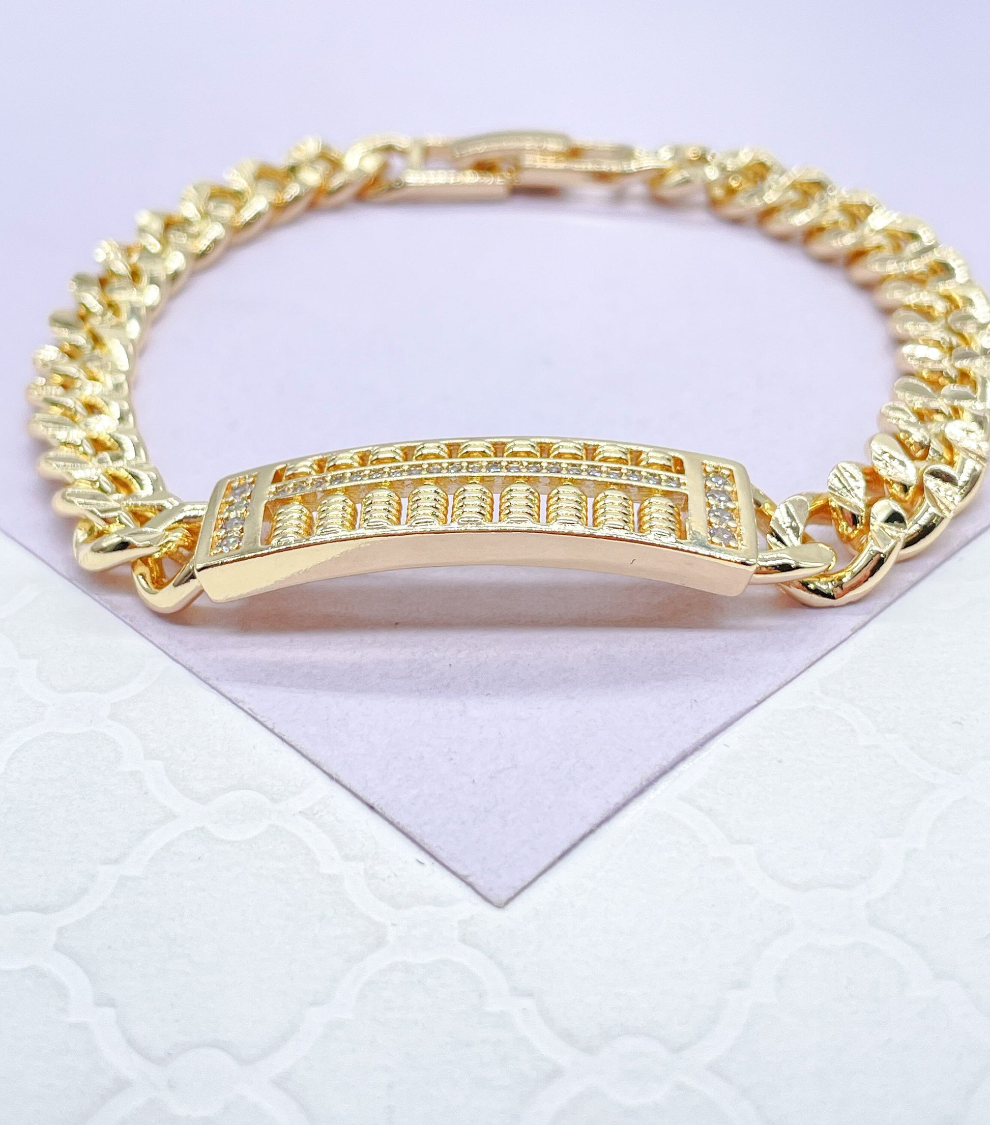 7mm 18k Gold Filled Unisex ID Cuban Link Bracelet with Engraved Edge Pattern