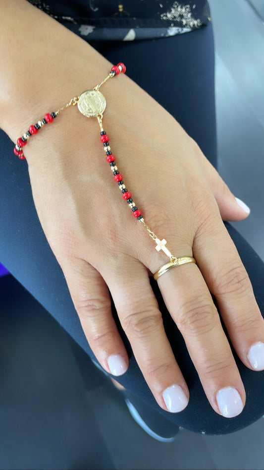 18k Gold Filled Beaded Hand Chain Bracelet With St Benedict Center Piece & Gold Cross