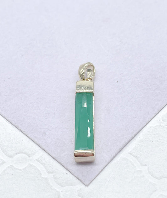 18k Gold Filled Light Emerald Green Baguette Cut Bar Pendant