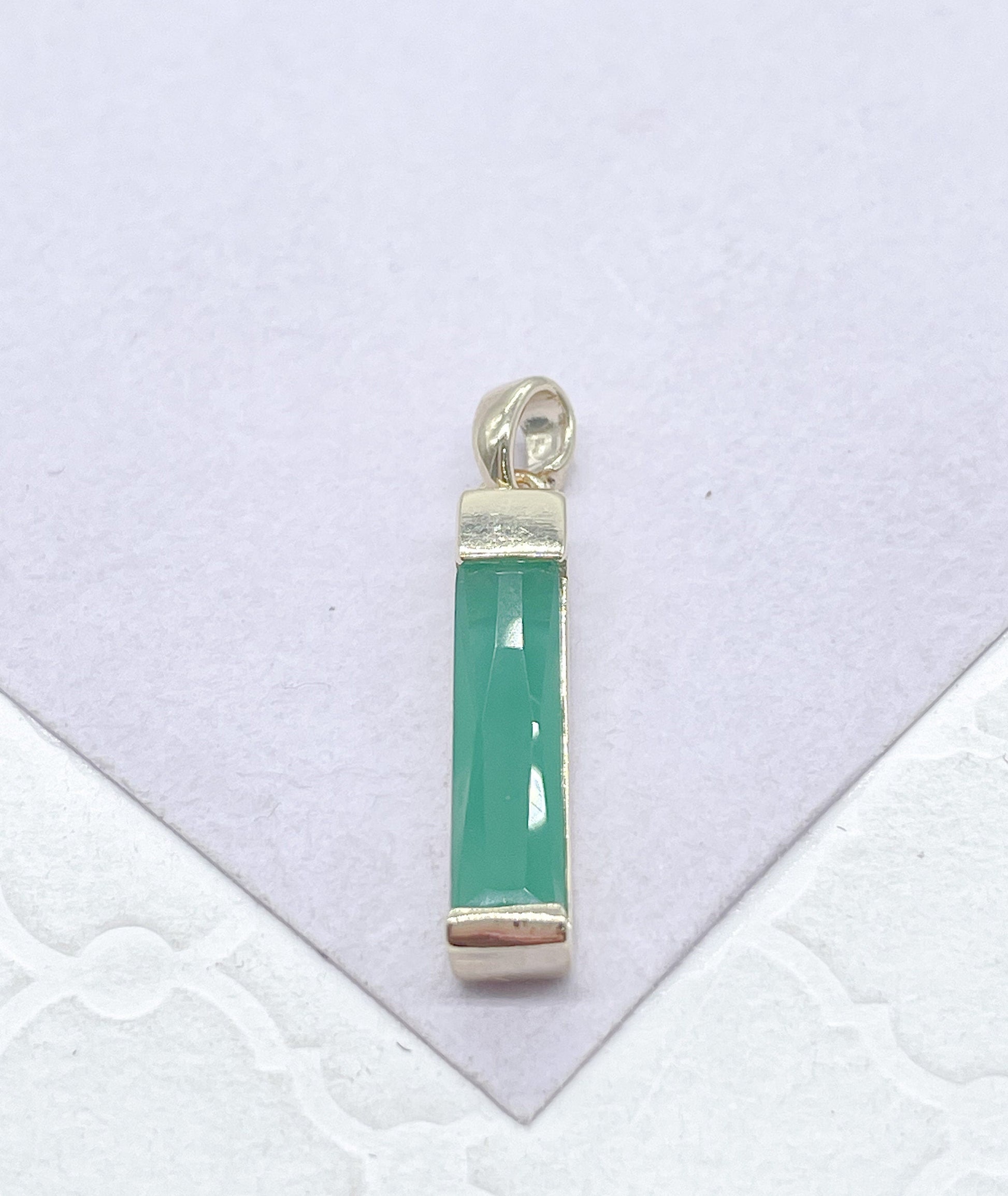 18k Gold Filled Light Emerald Green Baguette Cut Bar Pendant