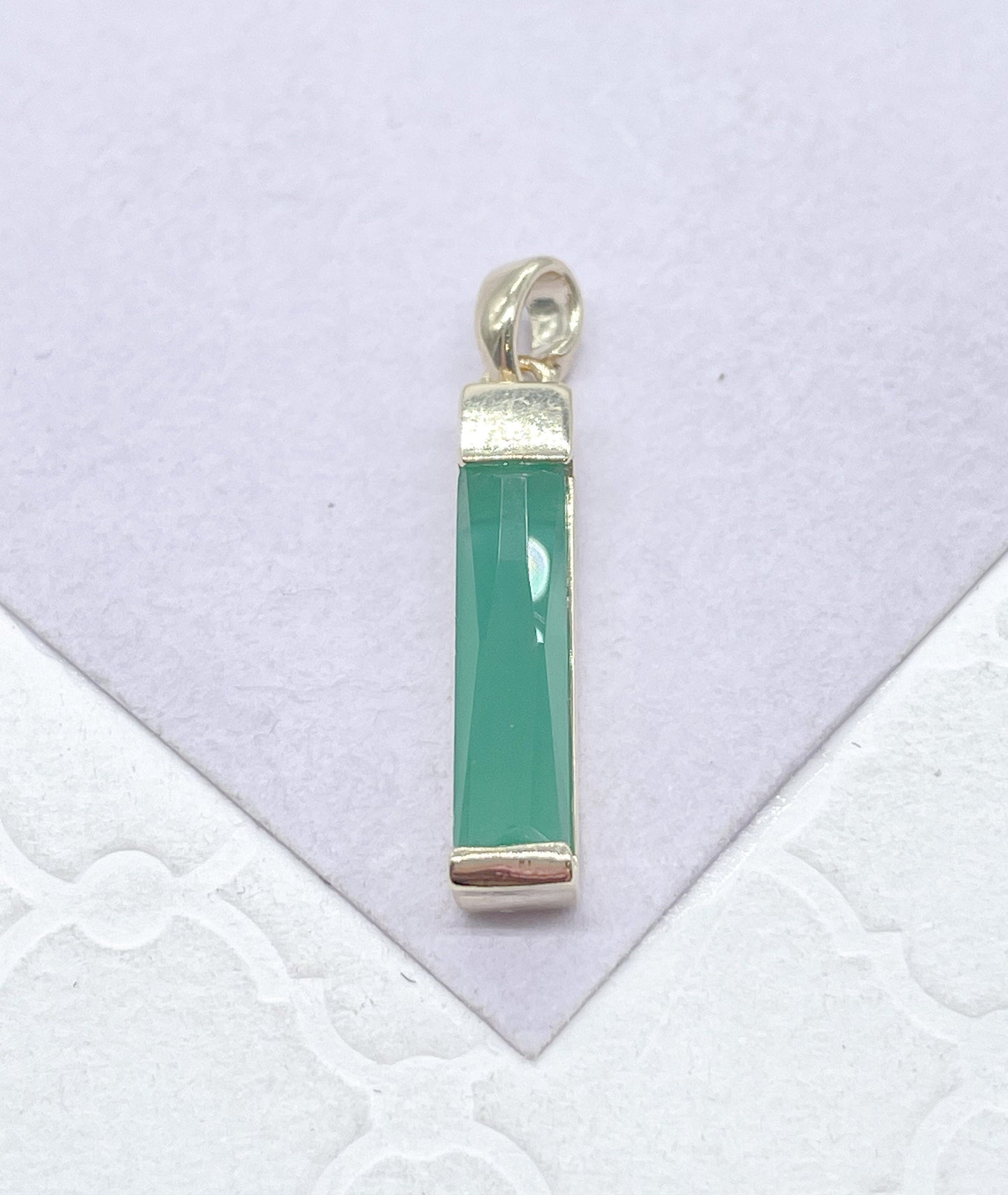 18k Gold Filled Light Emerald Green Baguette Cut Bar Pendant