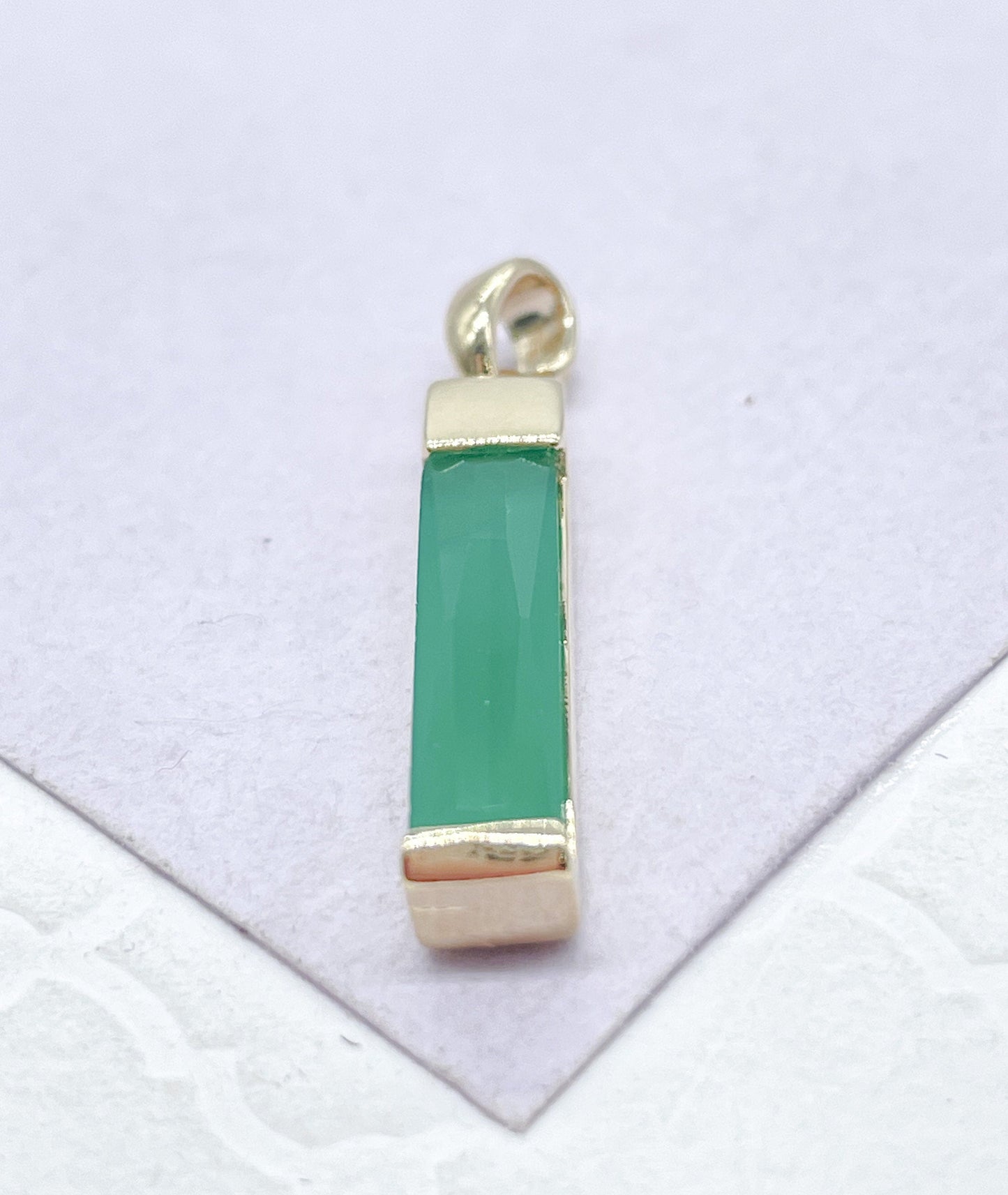 18k Gold Filled Light Emerald Green Baguette Cut Bar Pendant