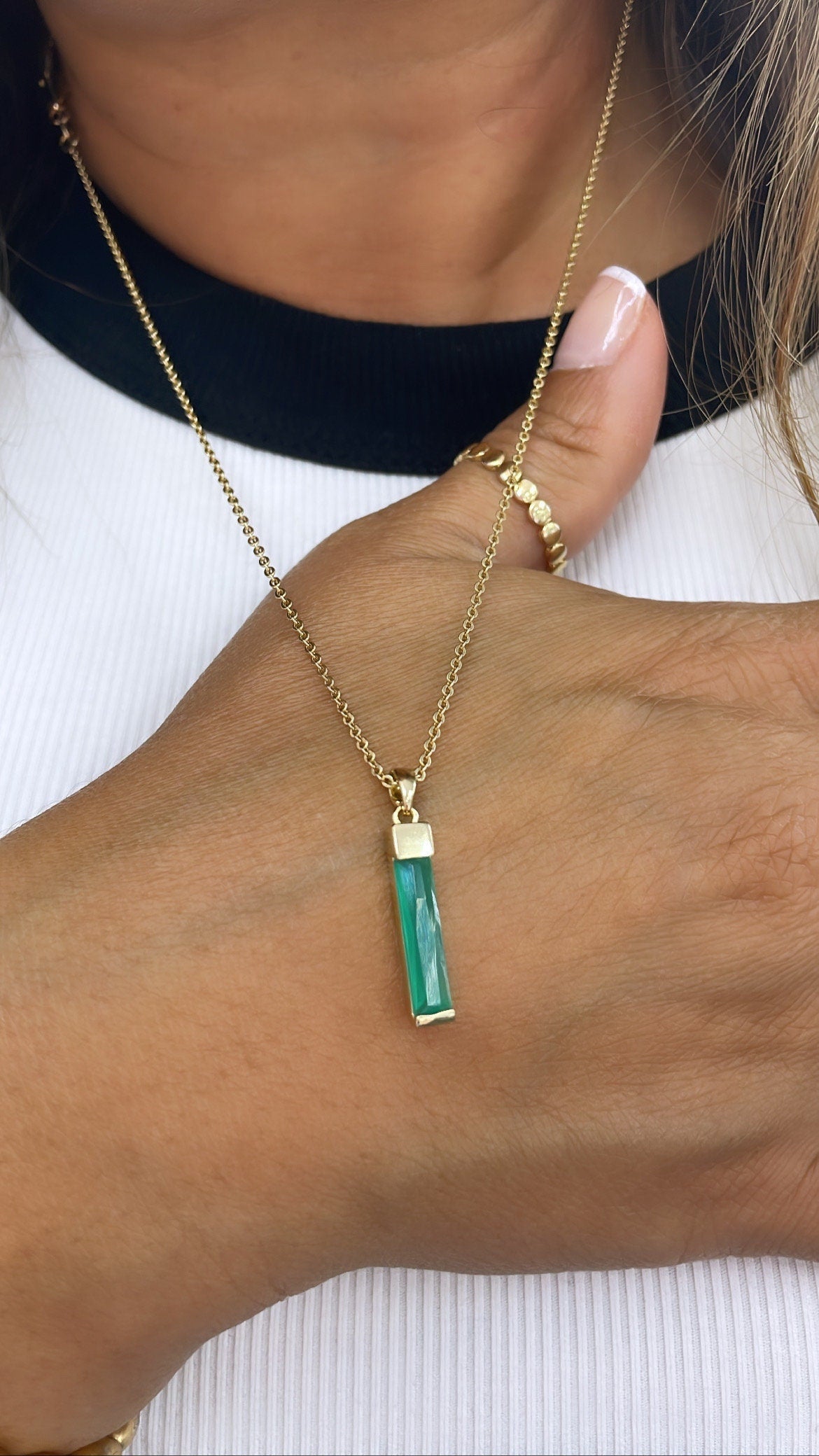 18k Gold Filled Light Emerald Green Baguette Cut Bar Pendant