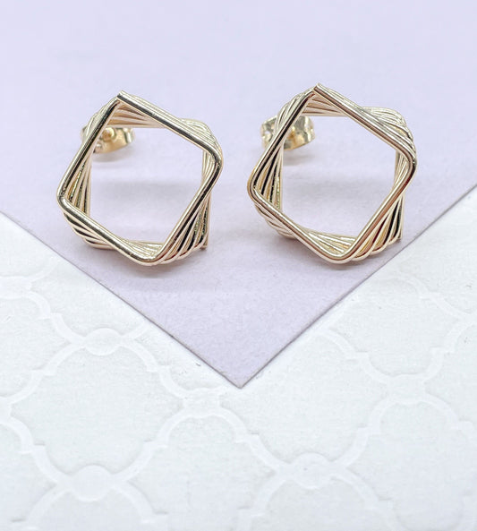 18k Gold Filled Smooth & Small Geometric Square Spiral Pushback Earring