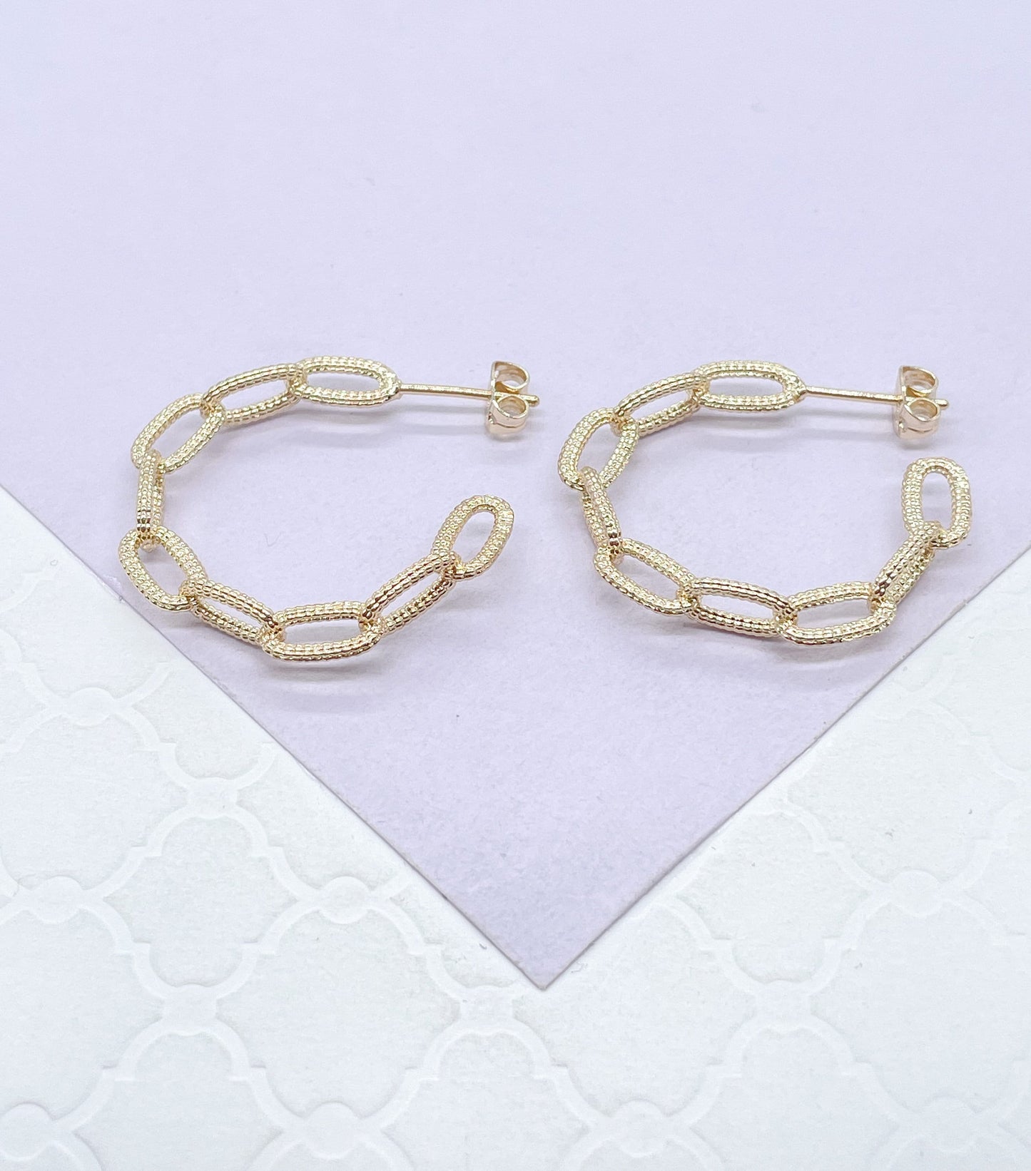 18k Gold Filled Rough Textured Paper Clip Open Hoop Earring