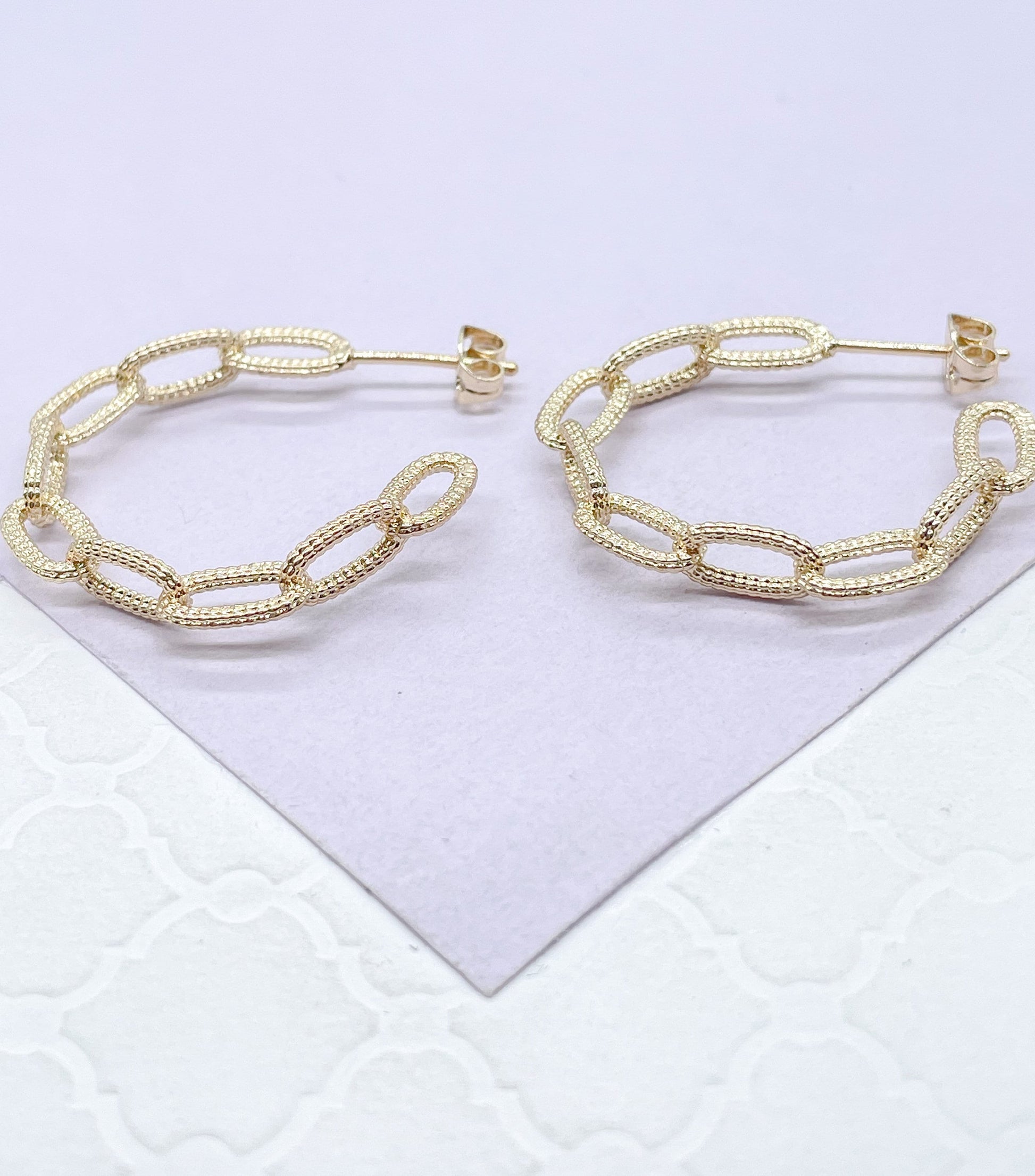 18k Gold Filled Rough Textured Paper Clip Open Hoop Earring