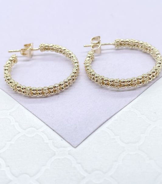 18k Gold Filled Dual Rowed Textured/Beaded Open Hoops