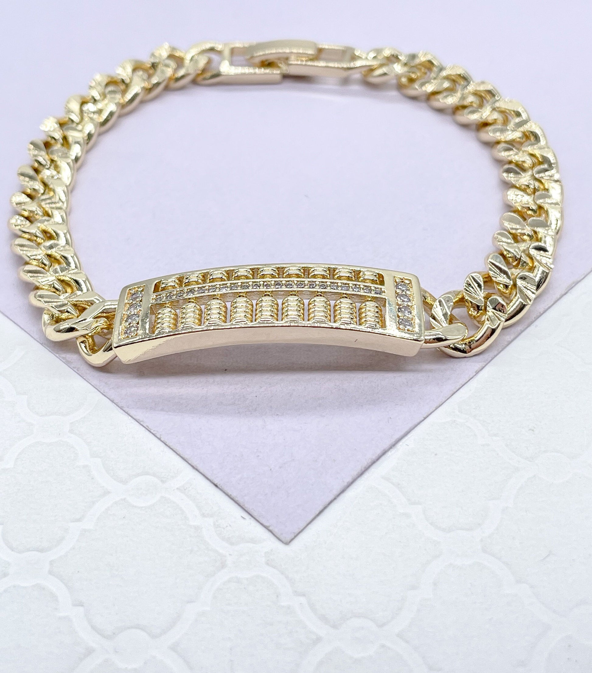 7mm 18k Gold Filled Unisex ID Cuban Link Bracelet with Engraved Edge Pattern