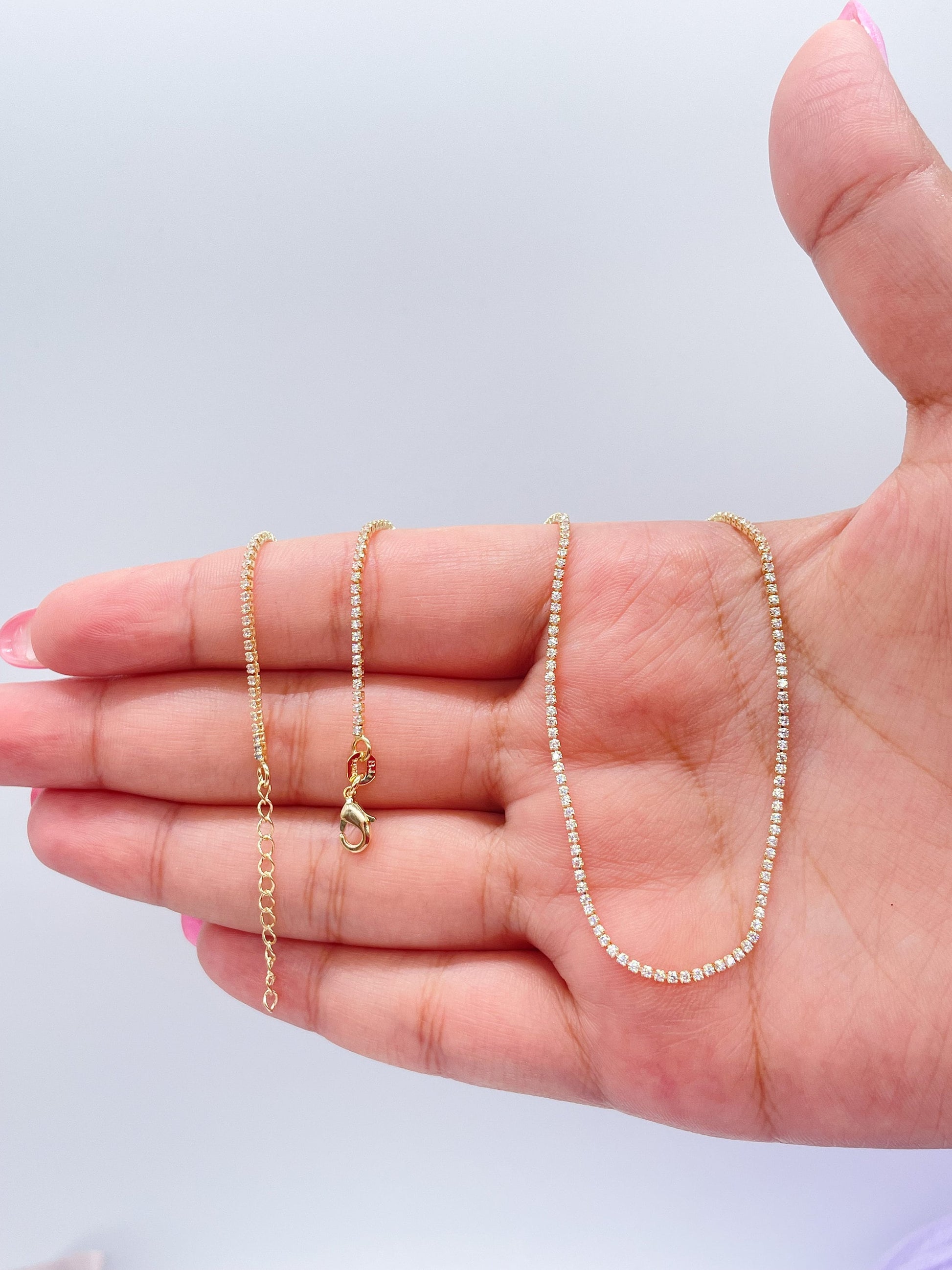 18k Gold Filled Dainty Ultra-Thin Layering Tennis Chain Bracelet & Choker Set