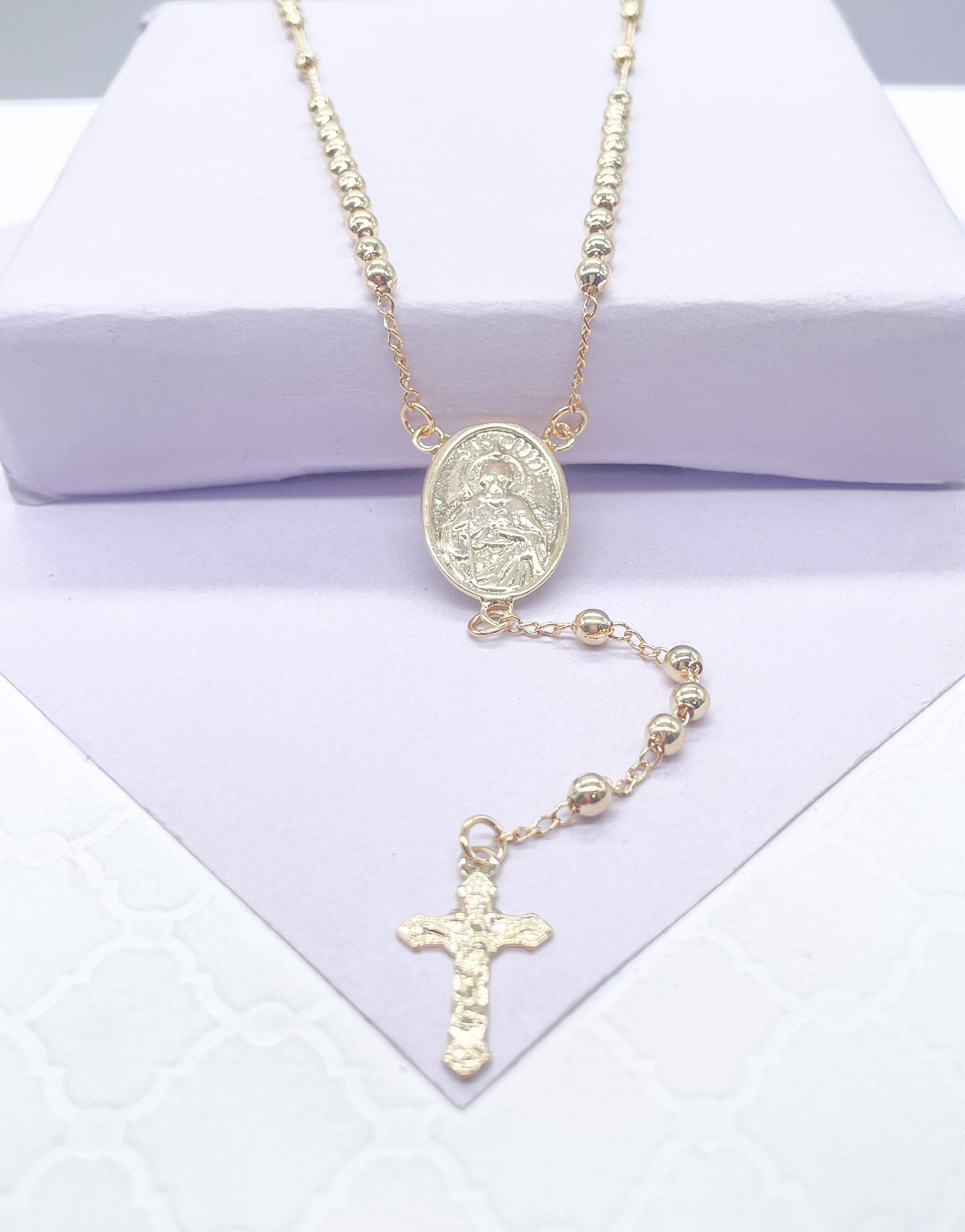 18k Gold Filled Beaded Rosary Chain With Rosary with St Jude Medallion Charm and Crucifix