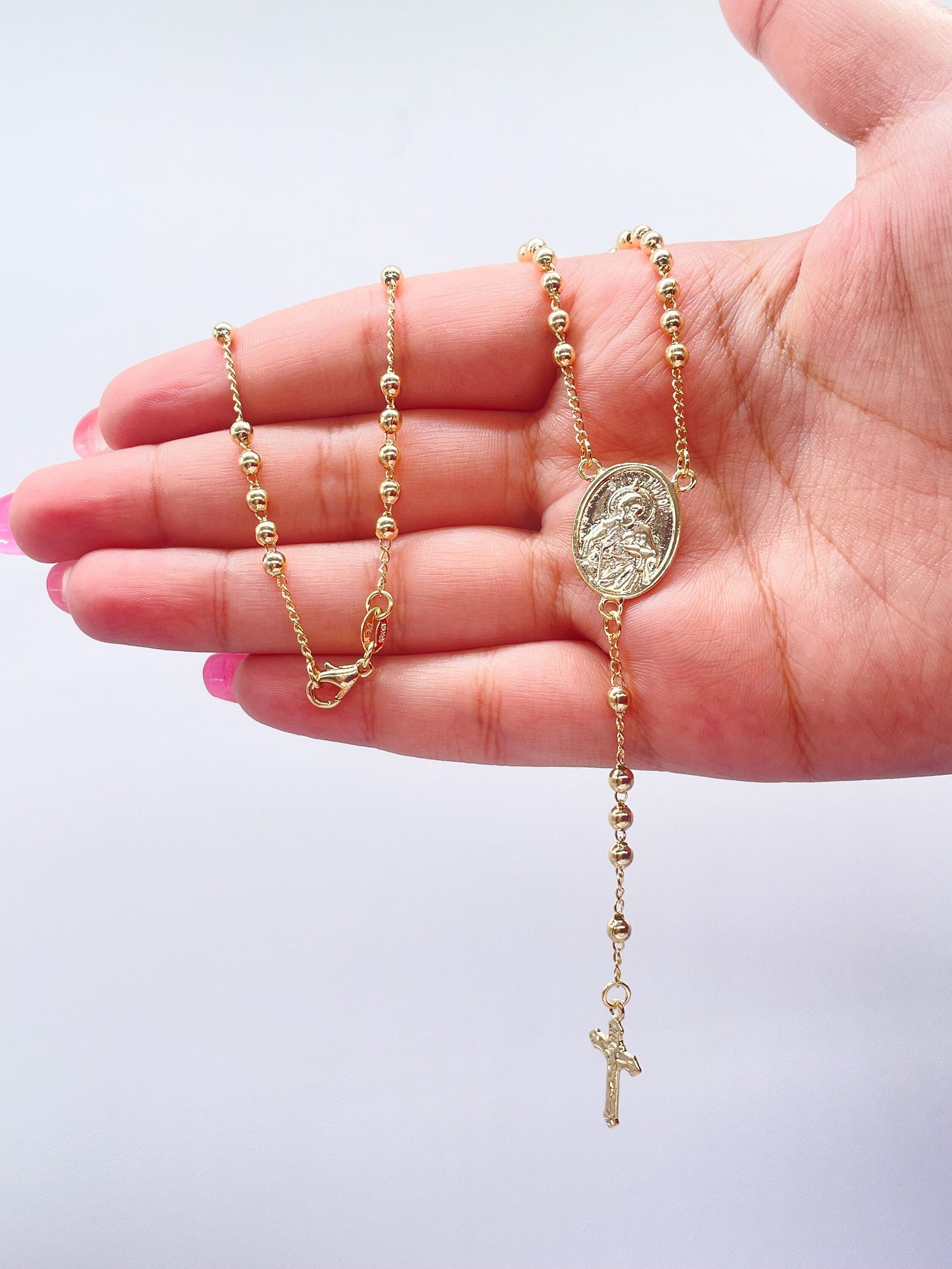 18k Gold Filled Beaded Rosary Chain With Rosary with St Jude Medallion Charm and Crucifix