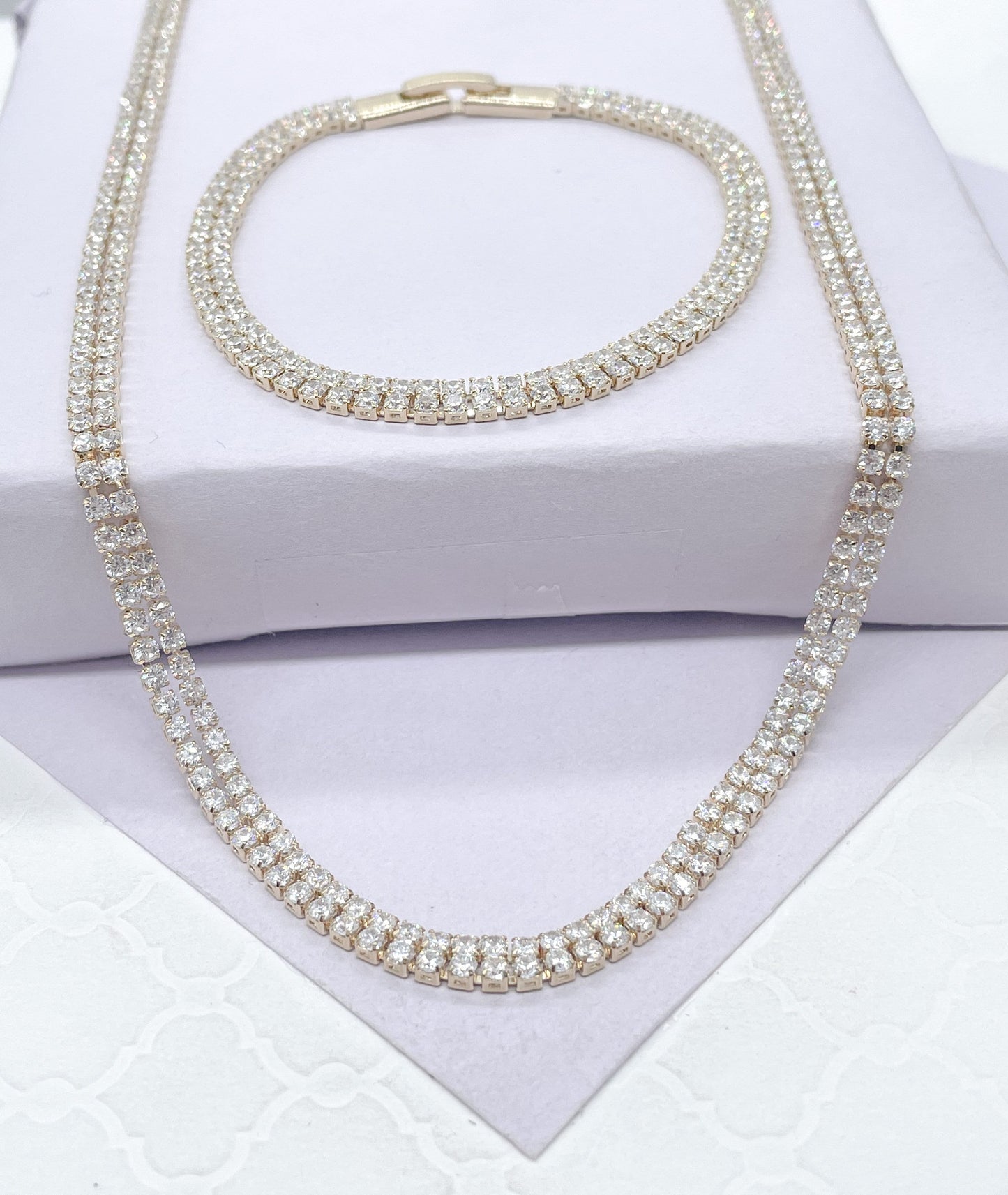 18k Gold Filled Double Rowed Cubic CZ Tennis Chain Choker and Bracelet Set, For Her, Nightlife, Jewlery