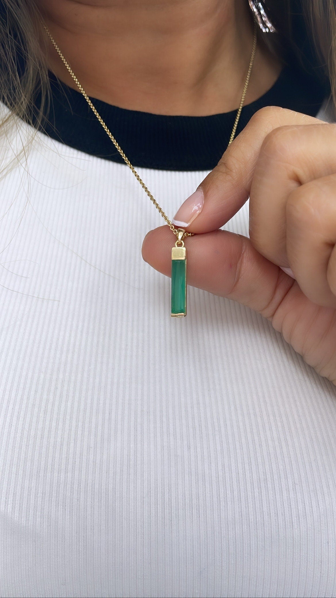 18k Gold Filled Light Emerald Green Baguette Cut Bar Pendant