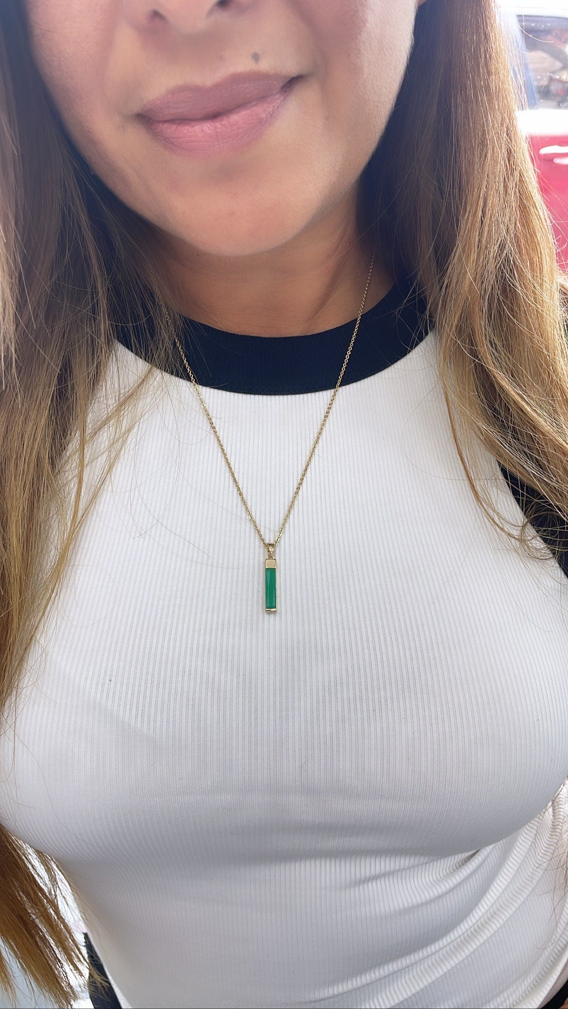 18k Gold Filled Light Emerald Green Baguette Cut Bar Pendant