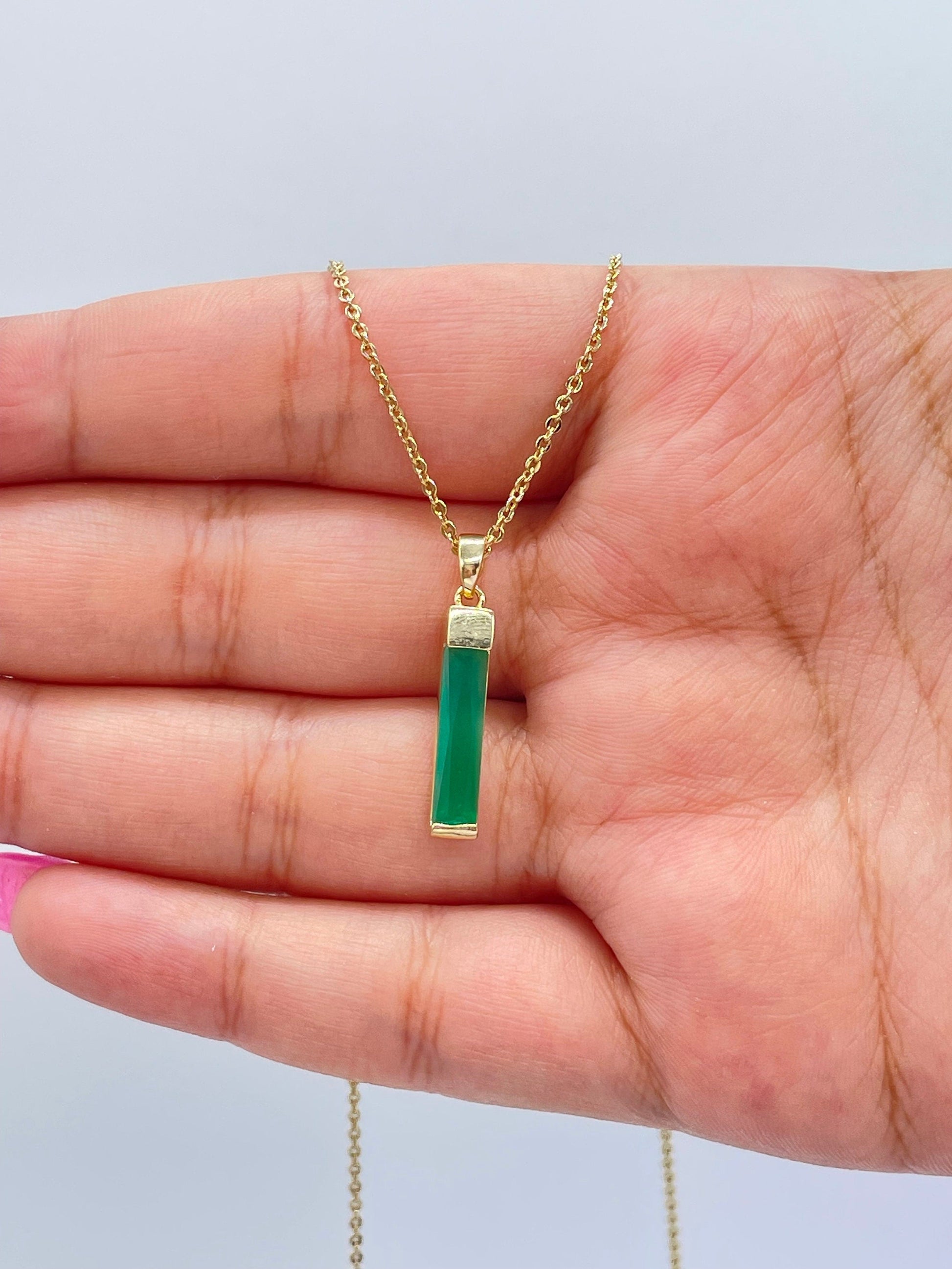 18k Gold Filled Light Emerald Green Baguette Cut Bar Pendant