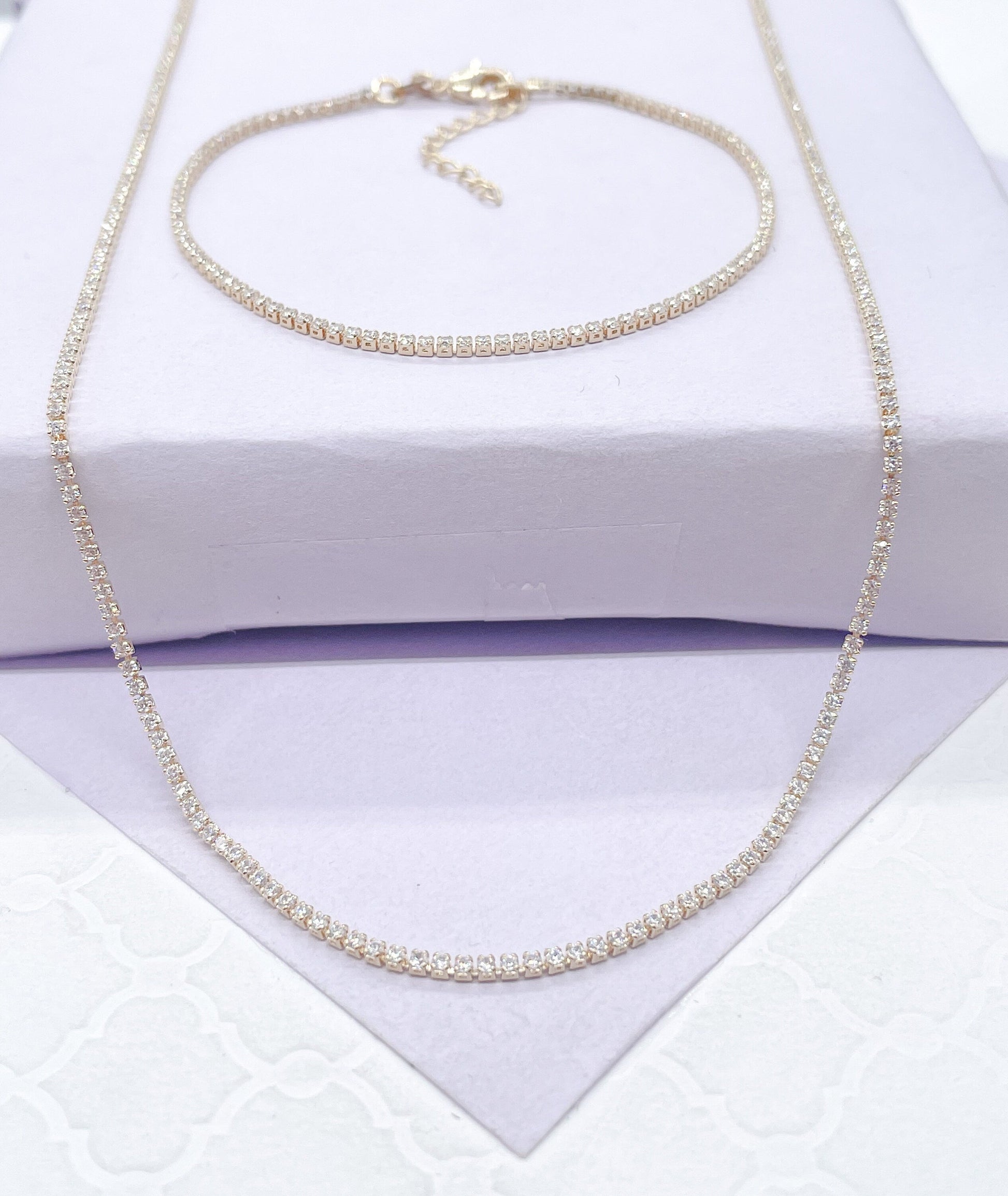 18k Gold Filled Dainty Ultra-Thin Layering Tennis Chain Bracelet & Choker Set