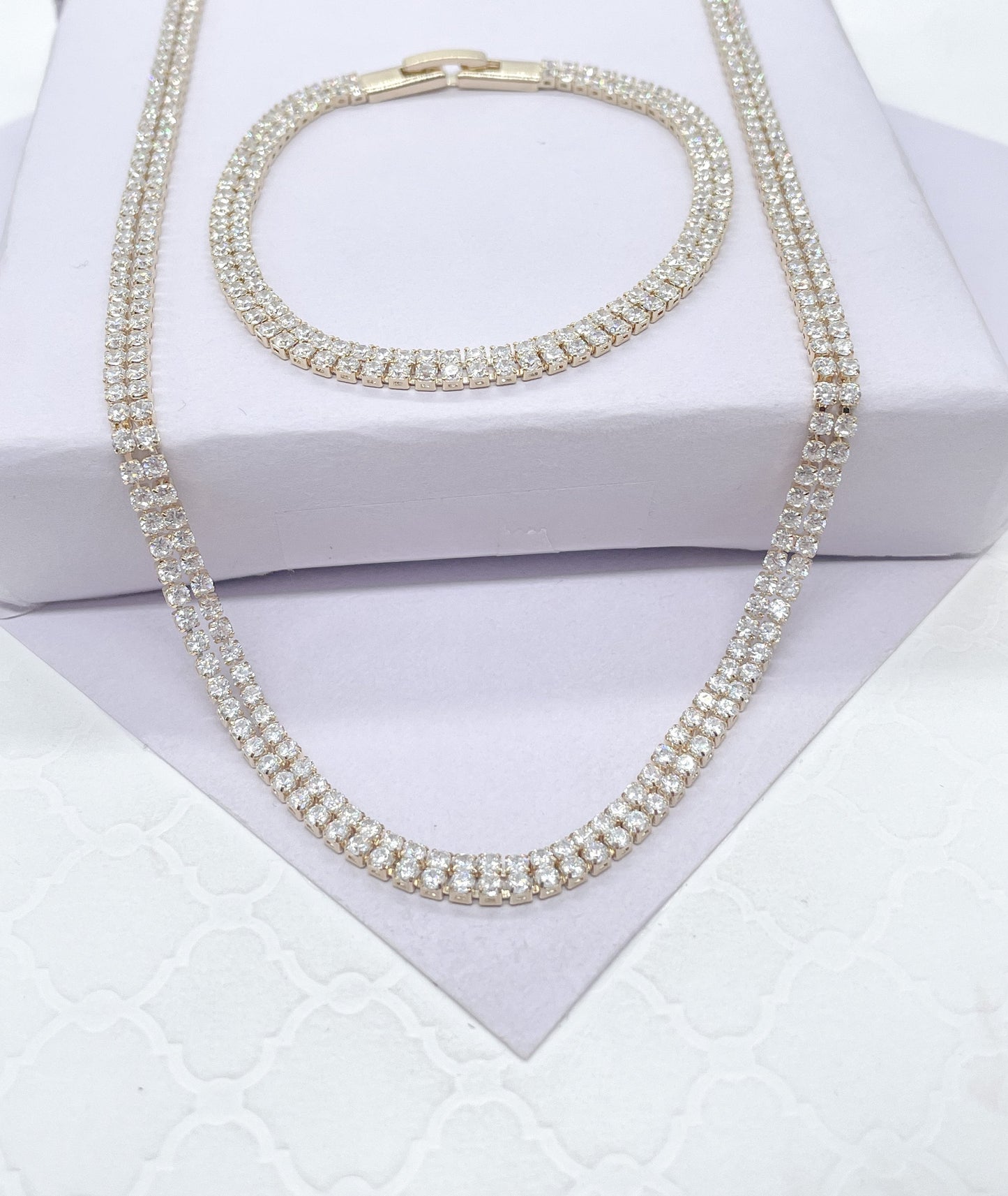 18k Gold Filled Double Rowed Cubic CZ Tennis Chain Choker and Bracelet Set, For Her, Nightlife, Jewlery