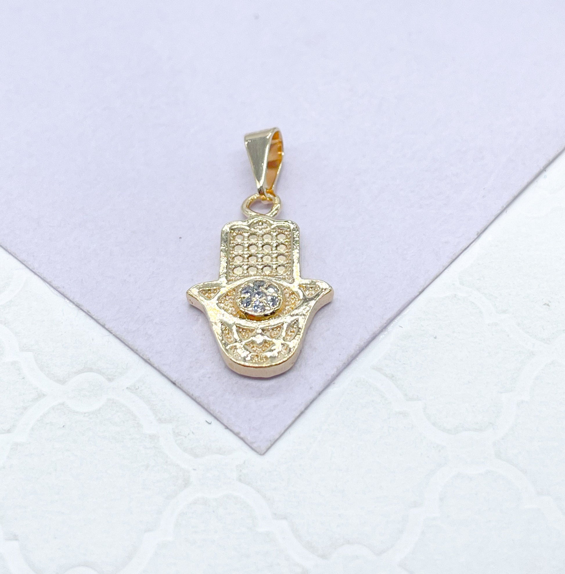 18k Gold Filled Mini Hamsa Hand Pendant With Dainty Evil Eye in Center